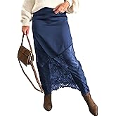 LETSVDO Women's Long Lace Skirts Satin Silky Elastic Waist Sheer Patchwork A Line Boho Maxi Skirt Going Out Party Skirt