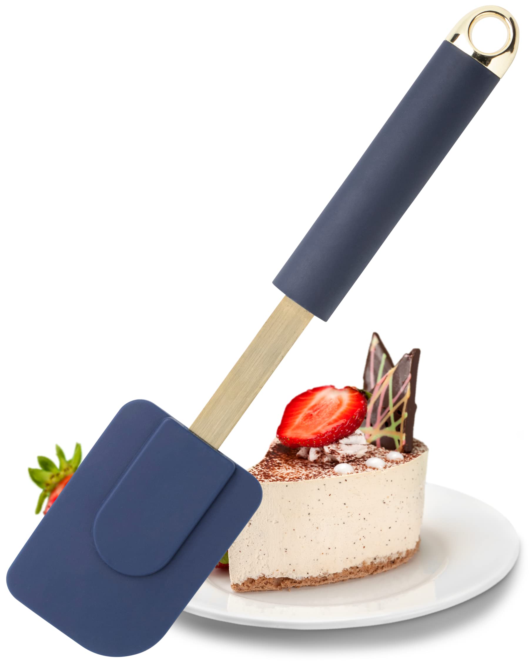 Heat Resistant Silicone Spatula Turner - 27cm Non Scratch Silicone Utensil Kitchen Tool, Sturdy Stainless Steel Core, Secure Handle, Good for Non Stick Cookware. 5yr Guarantee, Blue and Gold