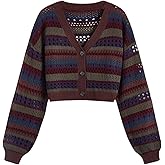 MakeMeChic Women's Crochet Striped Cardigan Long Sleeve V Neck Button Down Vintage Sweaters