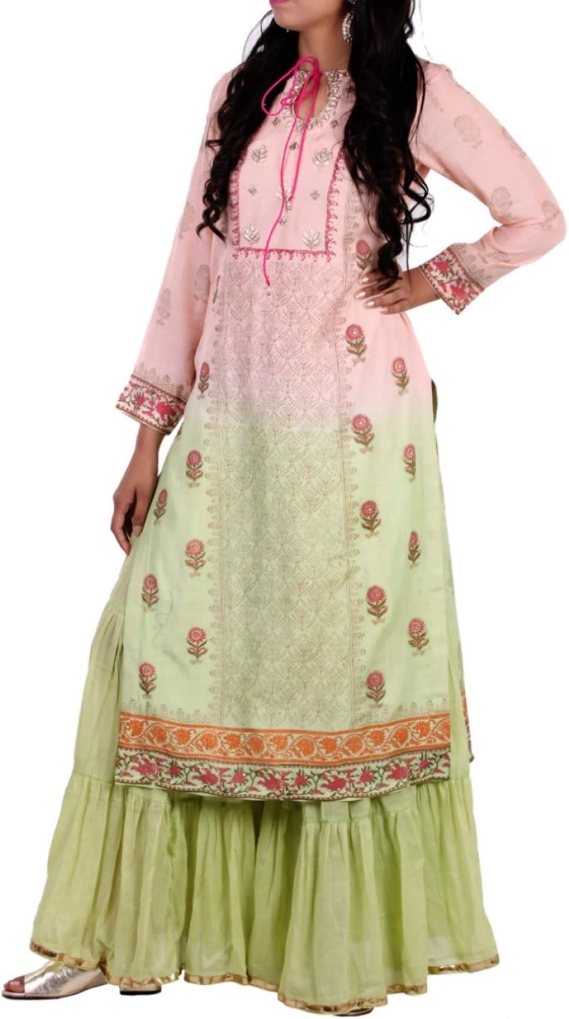 Darzi Darbar Blush Pink and Pistachio Green Ombre with Block Print Kurti and sharara - Set of 2