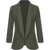 LADI TREND Women's Casual Open Front Blazers Shawl Lapel Ruched 3/4 Sleeve Office Lightweight Blazer Jackets with Pockets