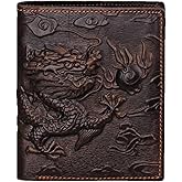 AurexaFashion Genuine Real Leather Short Bifold Wallet for Men, RFID Blocking 3D Animal Print Retro Vintage Embossed Clutch Purse. Vertical Dragon King Coffee