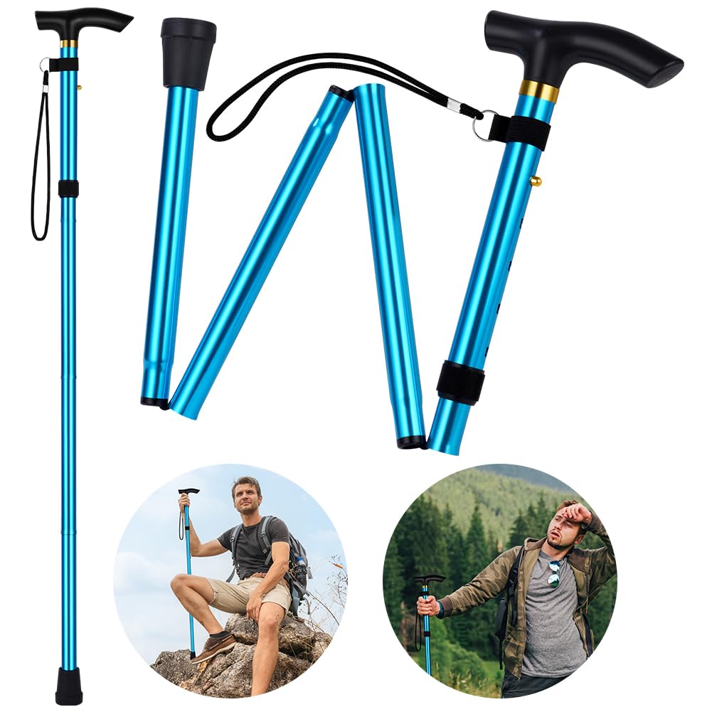 Flintronic Walking Stick, Folding Walking Stick, Adjustable Folding Walking Sticks, Collapsible Lightweight Flexible Stick, Comfortable Grip Durable Mobility Aid for Men Women, Lake Blue
