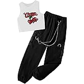Hilinker Girl's Summer 2 Piece Outfits Sleeveless Crop Tank Top and Cargo Pants Set
