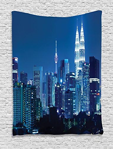 Custom Fabric Tapestry Wall Hanging, Kuala Lumpur Skyline at Night KLCC Twin Towers Malaysian Landmark Monochromic Photo,Bedroom Living Room Dorm Accessories Wall Hanging Tapestry,40x60 Inches