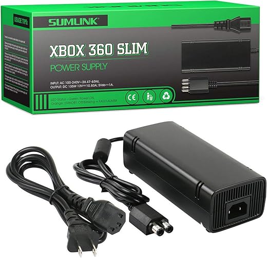 [Updated Version] Power Supply Charger Cord for Xbox 360 Slim Auto Voltage (Black