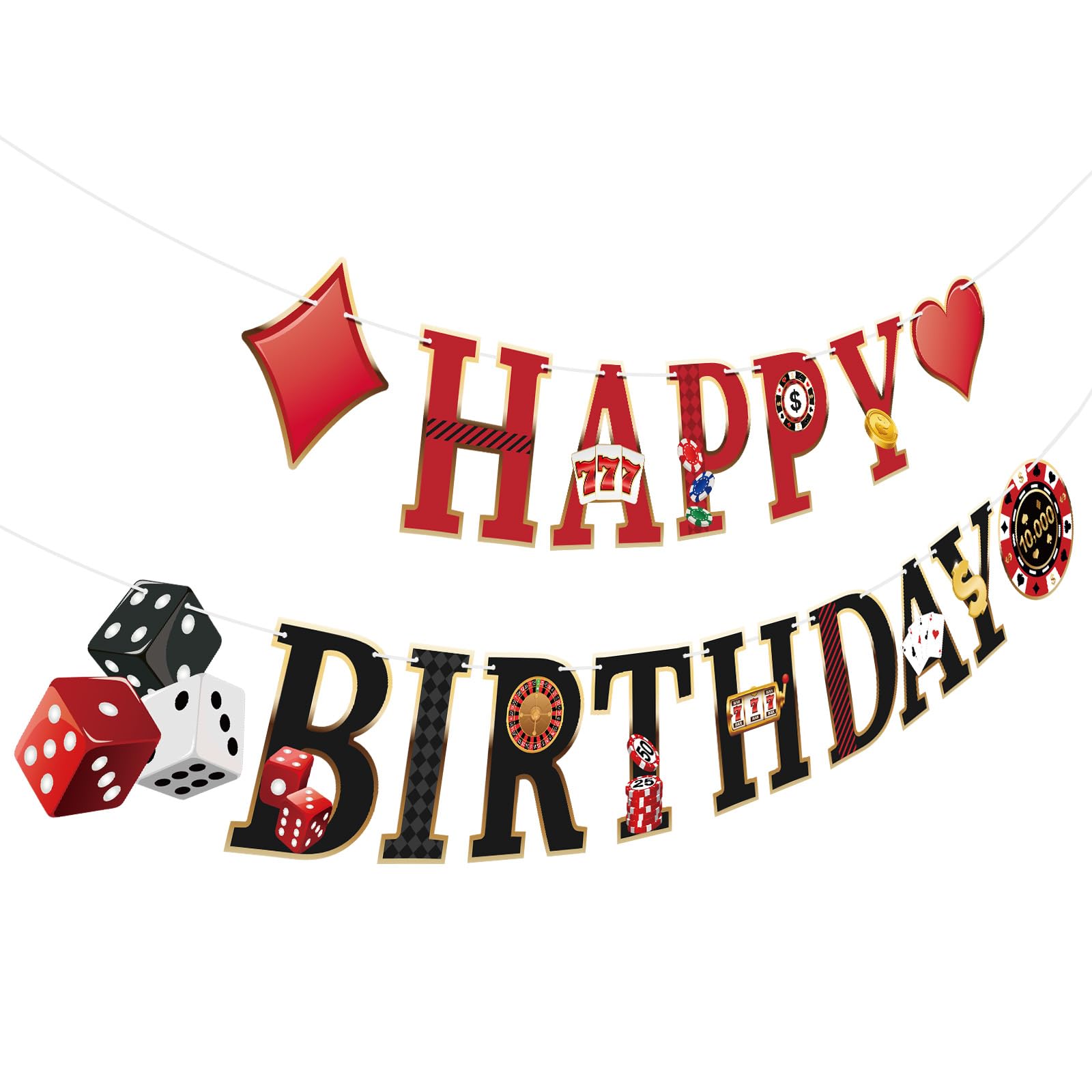 Hooqict Happy Birthday Banner Casino Theme Party Decorations Casino Party Banner Garland for Las Vegas Poker Night Birthday Party Decorations Supplies