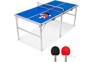 FCOUMY Foldable Table Tennis Table Indoor Ping Pong Table Portable Table Tennis Table with Net, Balls, Bats, Blue, 180 x 90 x