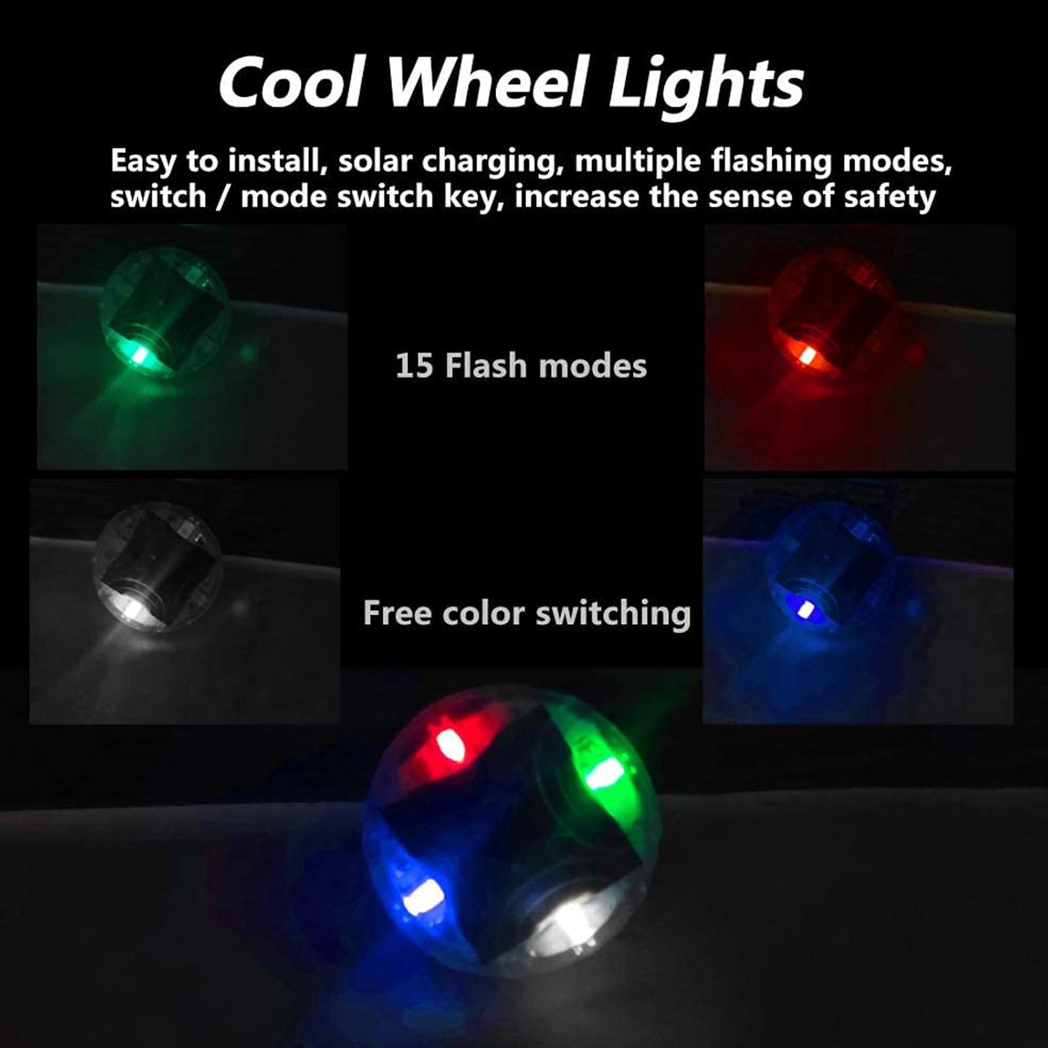 JXWH 4pcs Car Wheel Tire Valve Cap Lights,Colorful LED Tire Light,15 Modes Flashing LED Gas Nozzle Tire Light Waterproof for Car Auto Motorcycles Bicycles: Sports & Outdoors