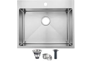 SHACO 25x22 Inch Drop In Kitchen Sink, Top Mount 16 Gauge 304 Stainless Steel 25 Inch Drop In RV Laundry Utility Sink, Brushed Nickel Single Bowl Sink Topmount Overmount Sinks with Drain