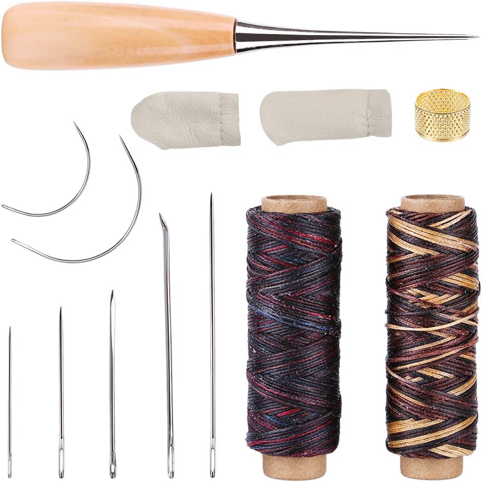Leder Nähset 10-teilig - Mit Nadeln, Ahle, Fingerhut & Gewachstem Garn - Für Leder Reparatur