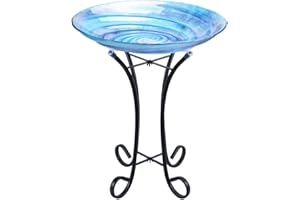 MUMTOP Outdoor Glass Birdbath with Metal Stand for Lawn Yard Garden Decor,18” Dia/21.65 Height