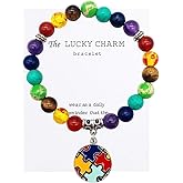 Autism Awareness 7 Chakra Gemstone Natural Stone Beaded Bracelet Love Heart Cross Ribbon Round Puzzle Elastic Cord Autistic Bracelet for Women Men Friend Yoga Meditation Jewelry Gift