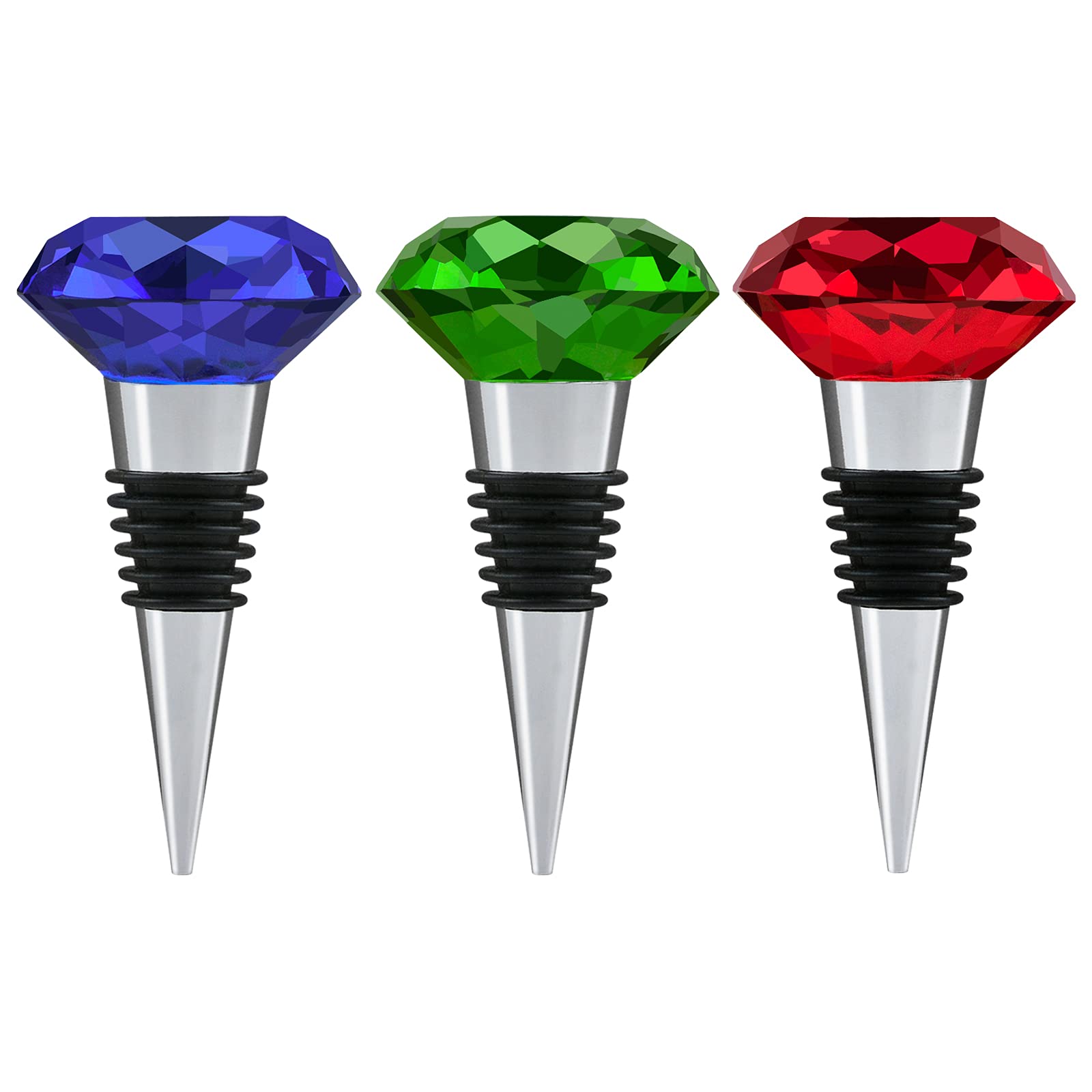 WANDIC Wine Bottle Stoppers, Set Of 3 Diamond Shape Red, Blue, Clear Crystal Metal Wine Beverage Bottle Plug Decorative Glass Wine Bottle Sealer For Bar Party, 3 Colors