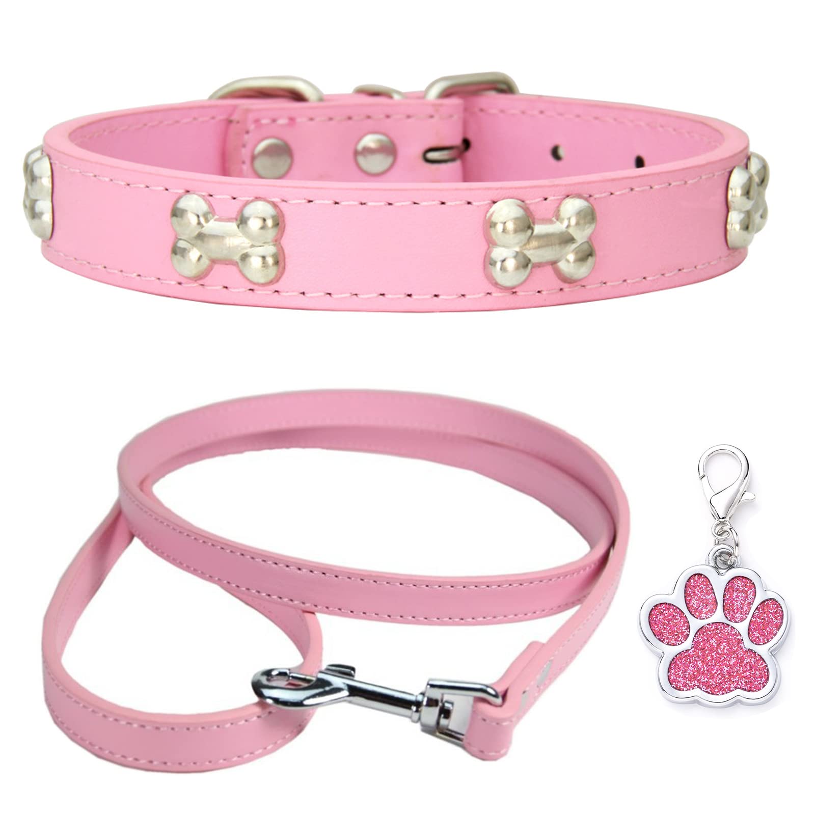 HALFSUMO Leather Dog Collar Dog Collar Combo Set Dog Collars Adjustable Puppy Collar for Small Medium Dogs Cats Pink XS