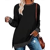 WELINCO Womens Crewneck Pullovers Color Block Long Sleeve Side Split Tunic Tops