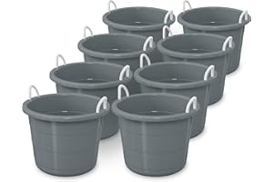 Life Story 8 Pack Open Storage Bucket, Round Plastic Container with Rope Handles, 17 Gallon, Gray