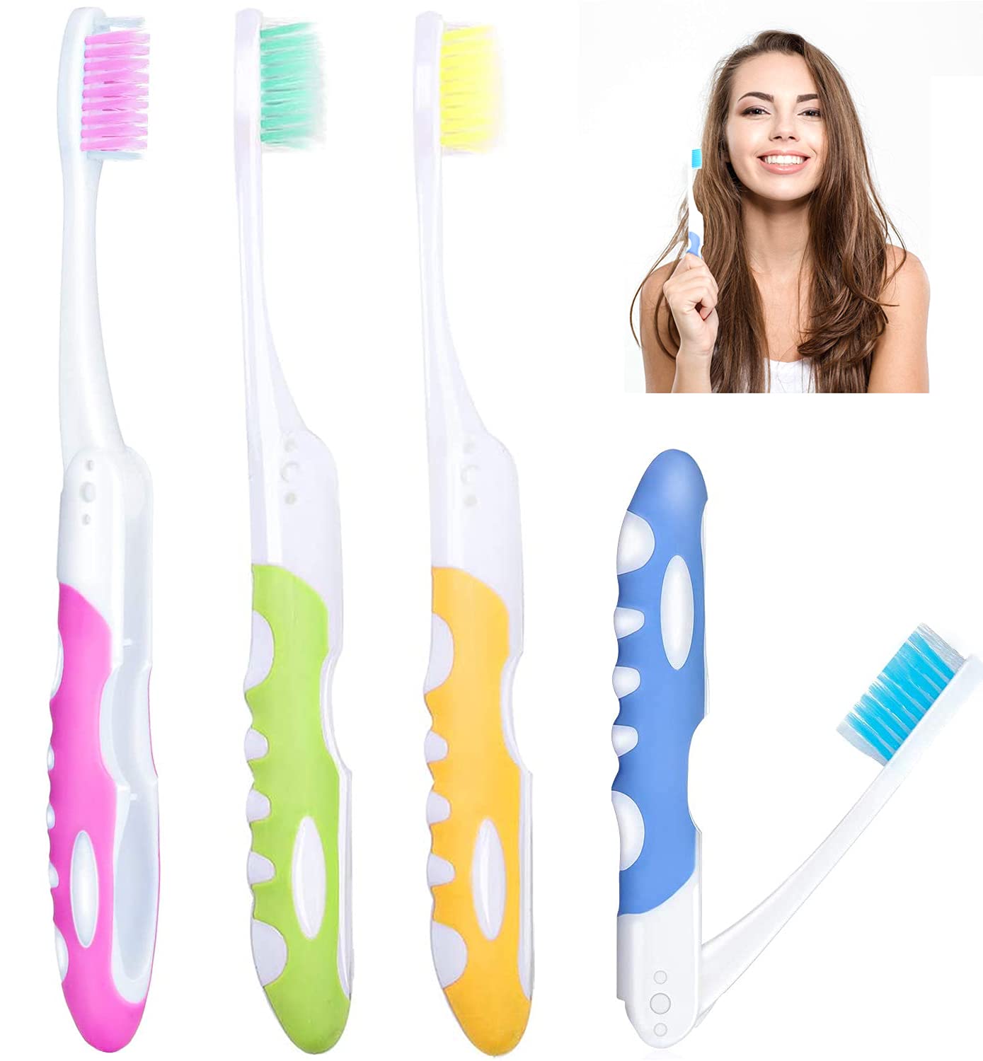4 Foldable Travel toothbrushes, a Portable Soft Toothbrush with a Soft Bristle Brush, can be Used for Sensitive Gums When Traveling, Four Colors (Yellow, Blue, Green, Pink)