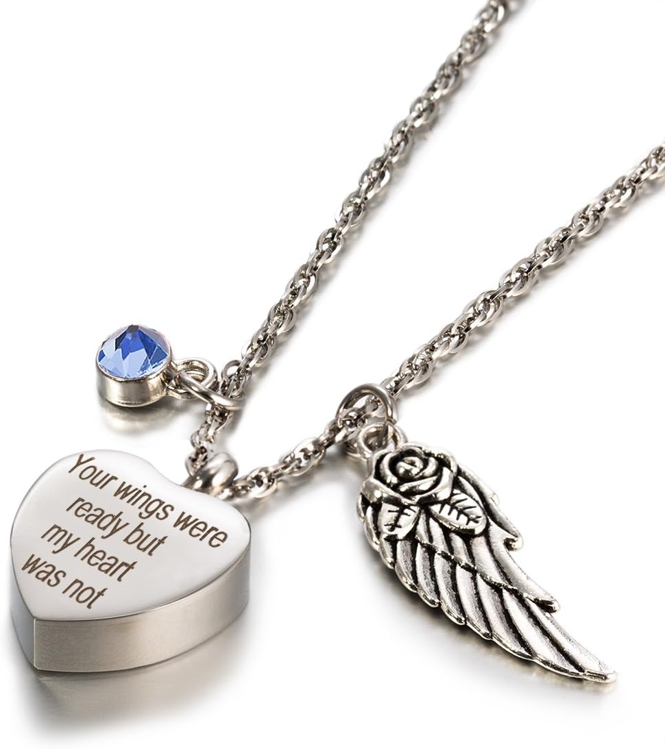 Glimkis Memorial Jewelry Necklace, Angel Wings Cremation Jewelry Birthstone Memorial Ash Keepsake Necklace