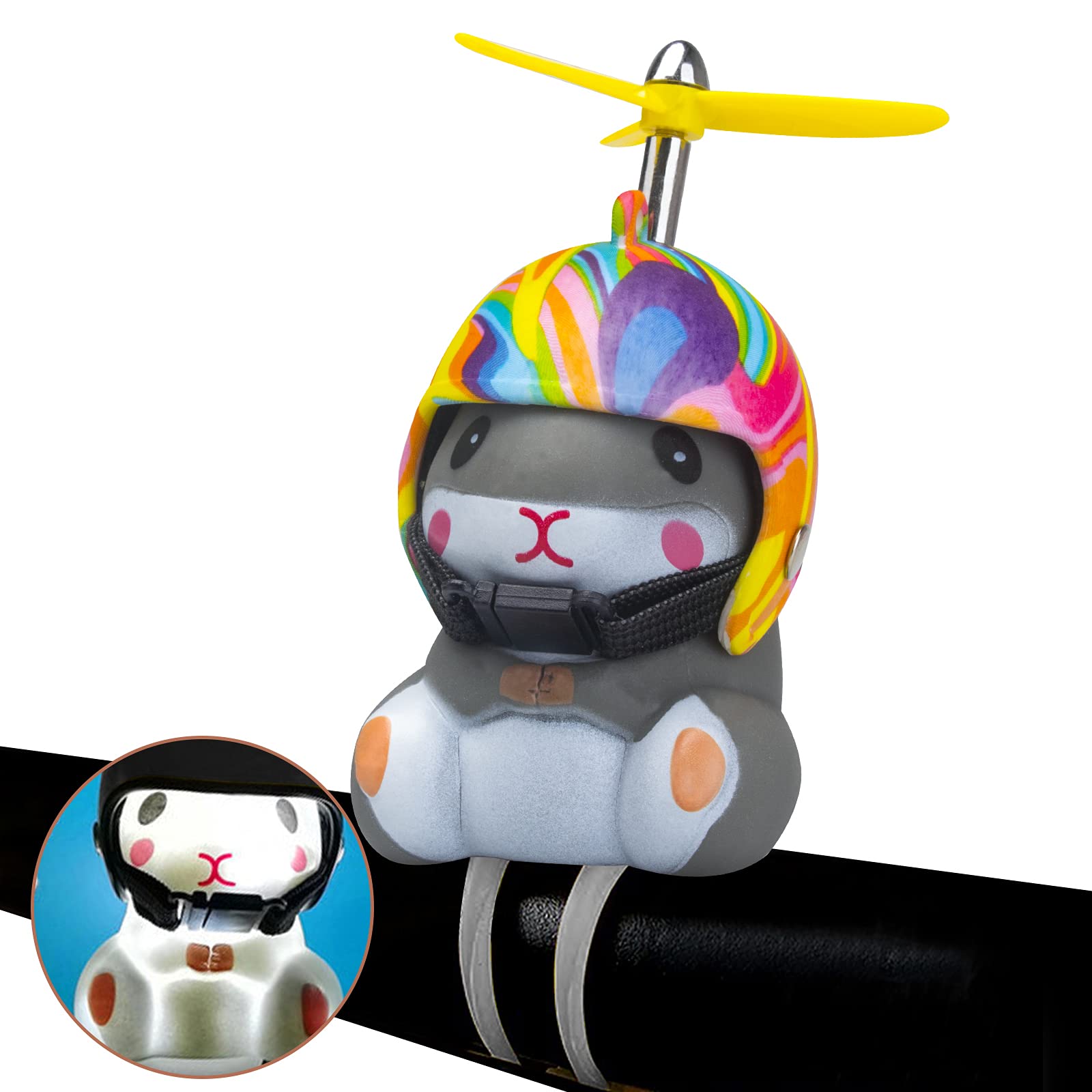 Photo 1 of wonuu Duck Bike Bell with Light and Helmet Cute Hamster Bicycle Horn, Dashboard Decoration Hamster Toy Motorcycle Bike Bells Rubber Duck Car Dashboard Decorations (Rainbow-Hamster)