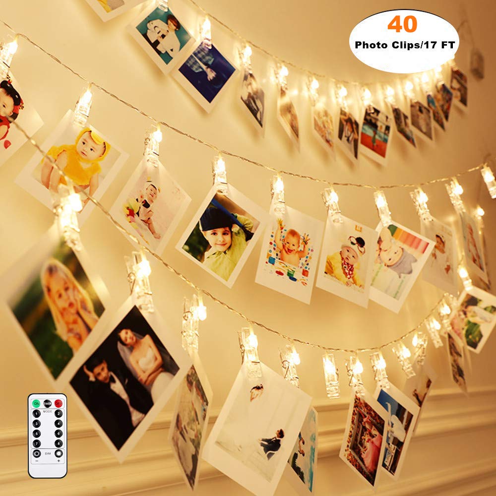 Polaristar Dimmable 40 Photo Clips String Lights,Decorative Fairy Lights with Remote Timer Function for Hanging Photos Pictures Cards and Memos, Ideal Gift for Wedding Bedroom Decoration,Warm White
