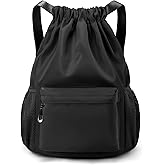 LOKAPEGY Black Drawstring Backpack for Women, Waterproof Drawstring Gym Bag for Men, Small Cinch Sack for Basketball, Pull String Sport Bag for Soccer.