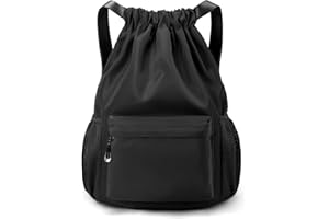 LOKAPEGY Black Drawstring Backpack for Women, Waterproof Drawstring Gym Bag for Men, Small Cinch Sack for Basketball, Pull String Sport Bag for Soccer.