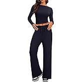 Cozy 2 Piece Lounge Sets for Women, Side Ruched Long Sleeve Top & Wide Leg Pants Casual Matching Tracksuit for Home & Travel