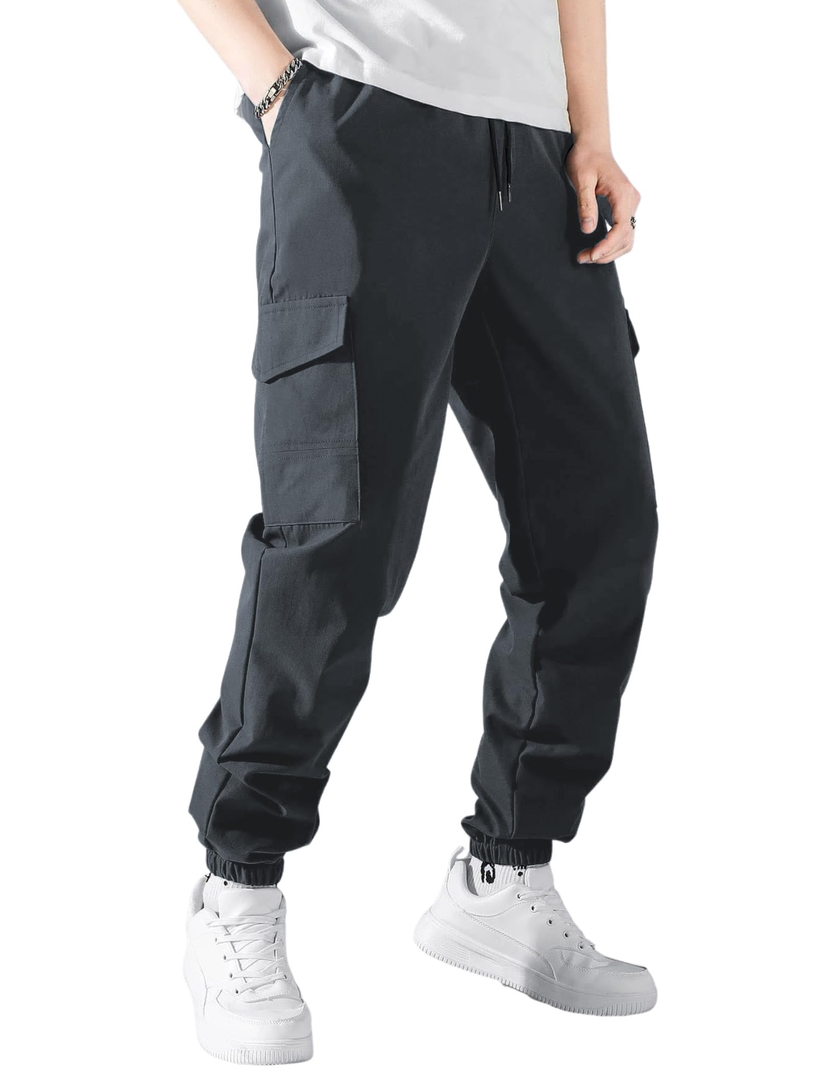 ZAFUL Men's Jogger Cargo Pant Elastic Waist Drawstring Straight Leg Sweatpants Lightweight Casual Trousers with Pockets (1-Dark Grey, L)