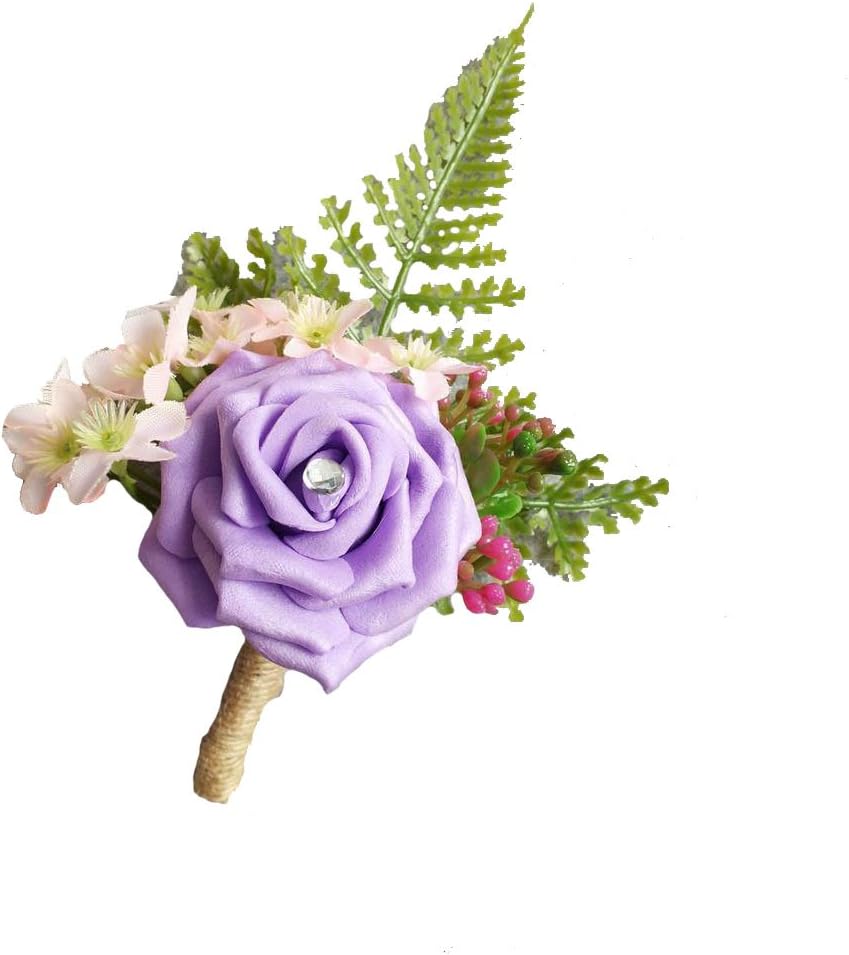 WeddingBobDIY Artificial Rose Flower Groom Boutonniere Buttonholes Groomsman Best Man Rose Wedding Flowers Accessories Party Suit Decoration (Light Purple)