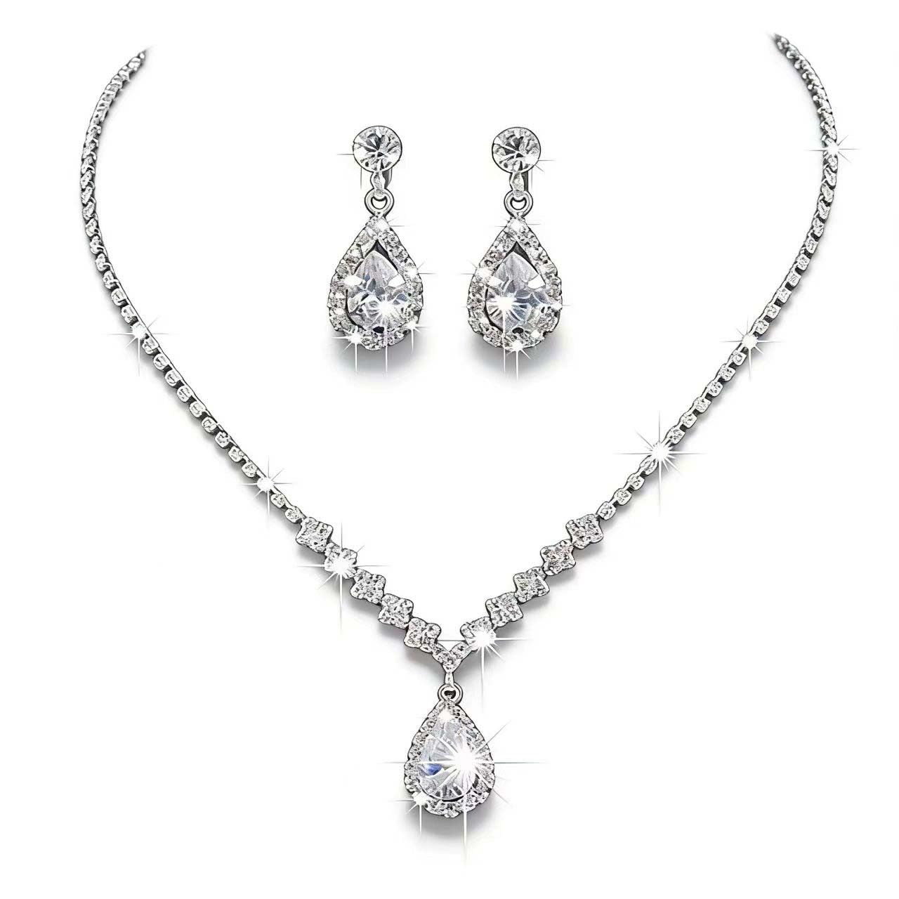 Wedity Bride Wedding Crystal Necklace Earrings Set Silver Bridal Choker Necklaces Pendant Jewelry for Women and Girls