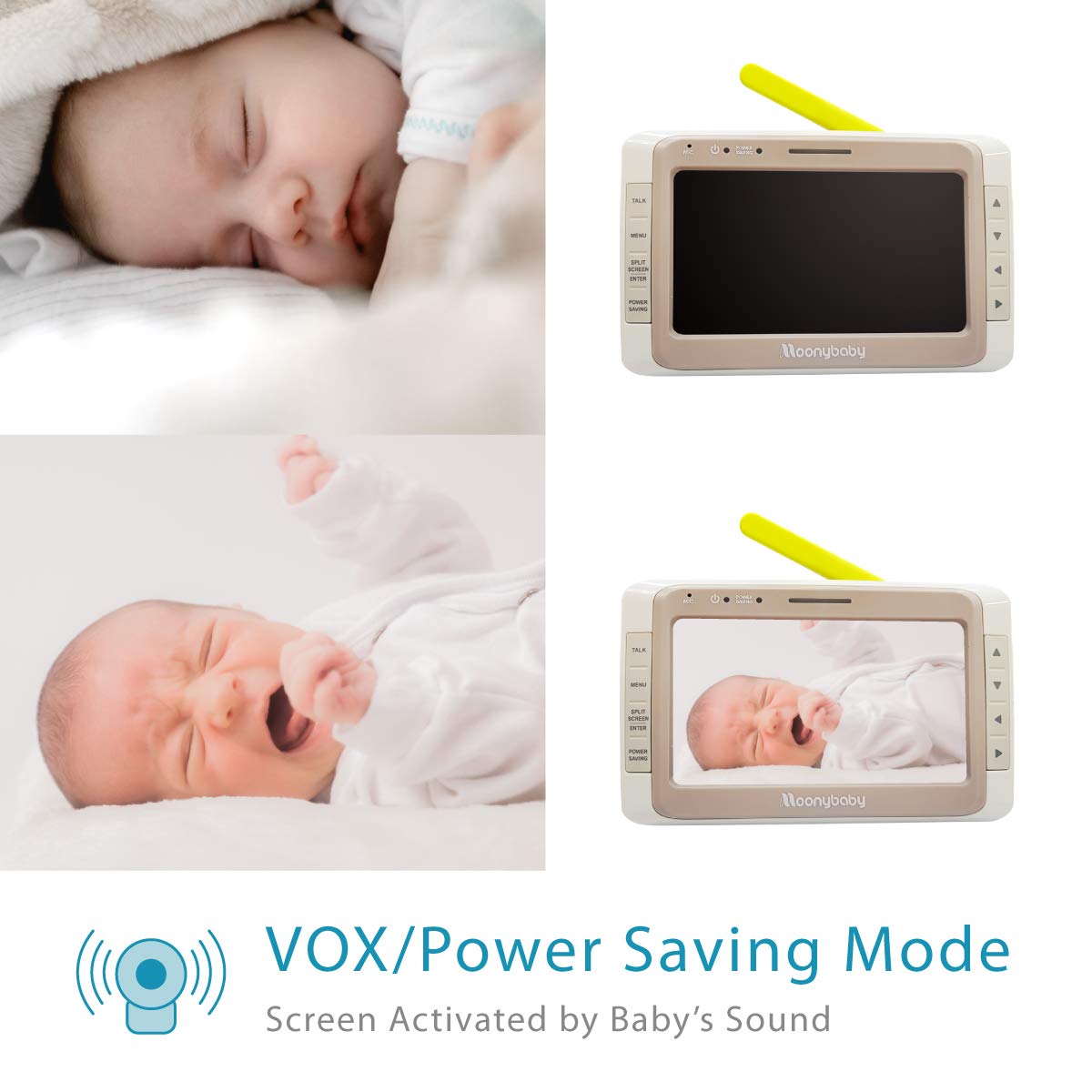 Moonybaby Split 50 Baby Monitor with 2 Cameras and Audio, Large Display with Wide View, Screen Split, Auto Night Vision and Zoom, Sound Activated, Temperature Alert, 2-Way Talk, Range up to 1000ft : Baby