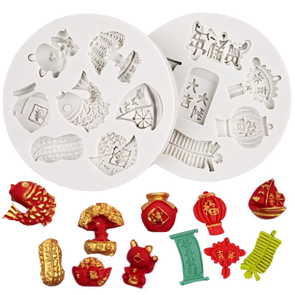 WonDerfulC Congratulations on Fat Choi/Blessing Bag/Double Happiness Character/Candy/Firecracker Chinese Element Silicone Mold New Year Gift Making Silicone Mould (2pcs)