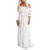 Cercis Womens Off The Shoulder Floral Lace Maxi Wedding Dress Boho Flowy Wedding Guest Formal Long Dresses