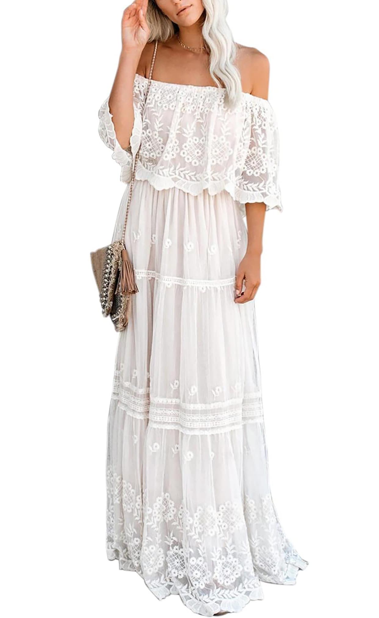 Photo 1 of Womens Summer White Off The Shoulder Maxi Brides Dress Lace Sleeve Bridal Shower Wedding Guest Party Photoshoot Dresses