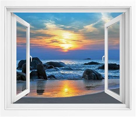 Amazon 海辺の装飾 壁紙風景画 壁飾り絵 90x60 Cm 岩と波の砂浜の夕日の風景 窓の景色 目の保養 癒し 気分転換 地球上の孤独な平和の朝の夢 ウォールステッカー オンライン通販