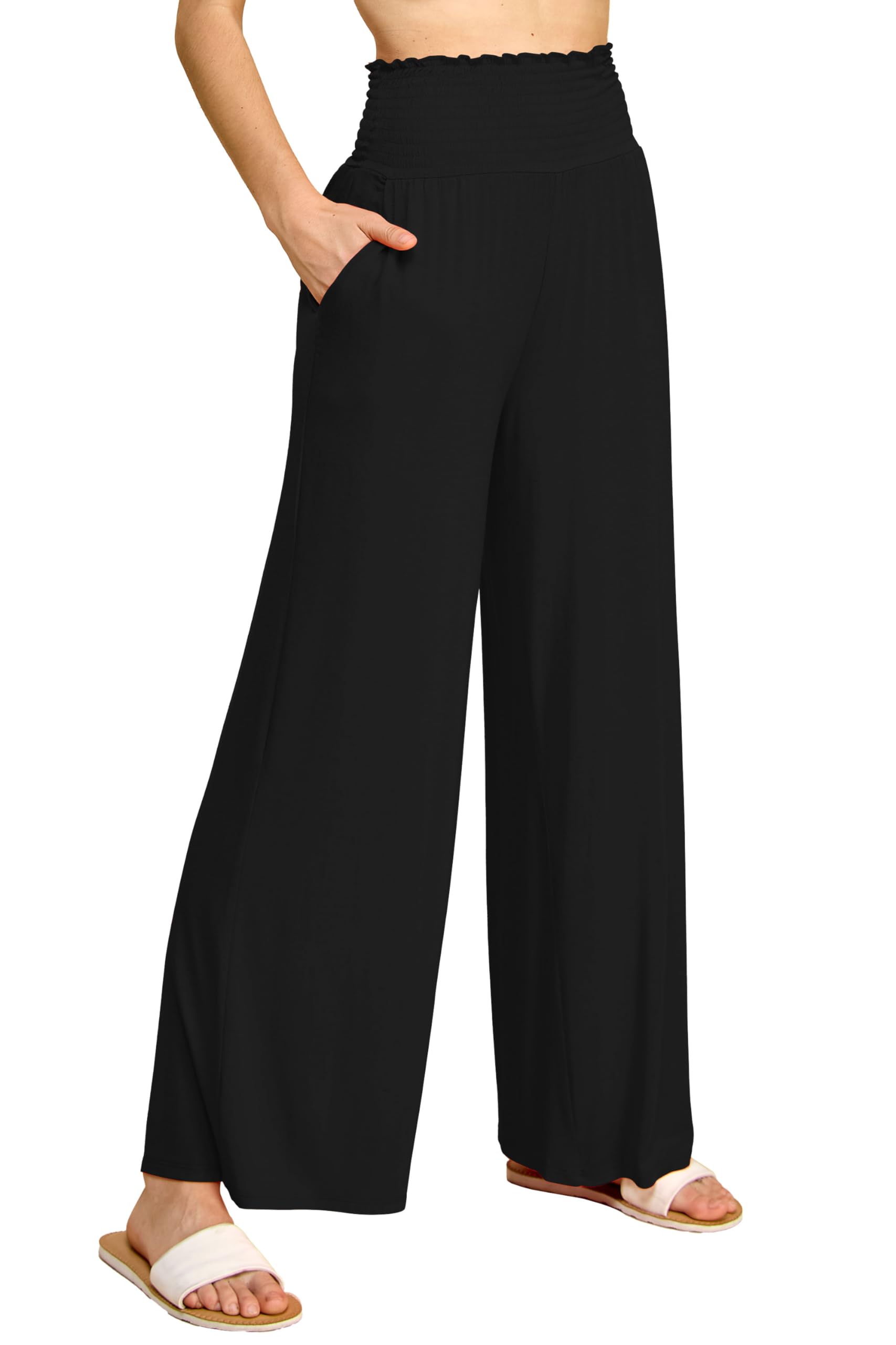 Photo 1 of Made By Johnny MBJ WB2389 Women's Elastic High Waisted Palazzo Pants Casual Wide Leg Long Lounge Pant Trousers with Pocket L Black