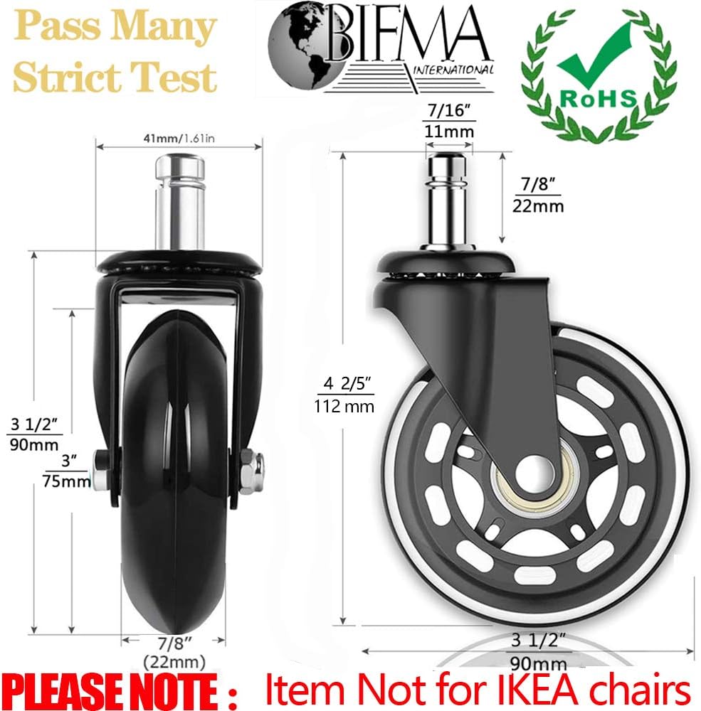 Office Chair Wheels Replacement Rubber Desk Chair Casters, 3 Inch Heavy Duty Caster Wheels Smooth&Safe Rolling for All Floors Including Hardwood and Carpet Set of 5 : Office Products