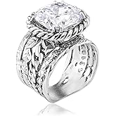 JEAN RACHEL JEWELRY 925 Sterling Silver Ring - Braid & Leaf Vintage Design with Cushion Cubic Zirconia - Hypoallergenic, Lead & Nickel Free - Artisan Handcrafted Statement Rings for Women