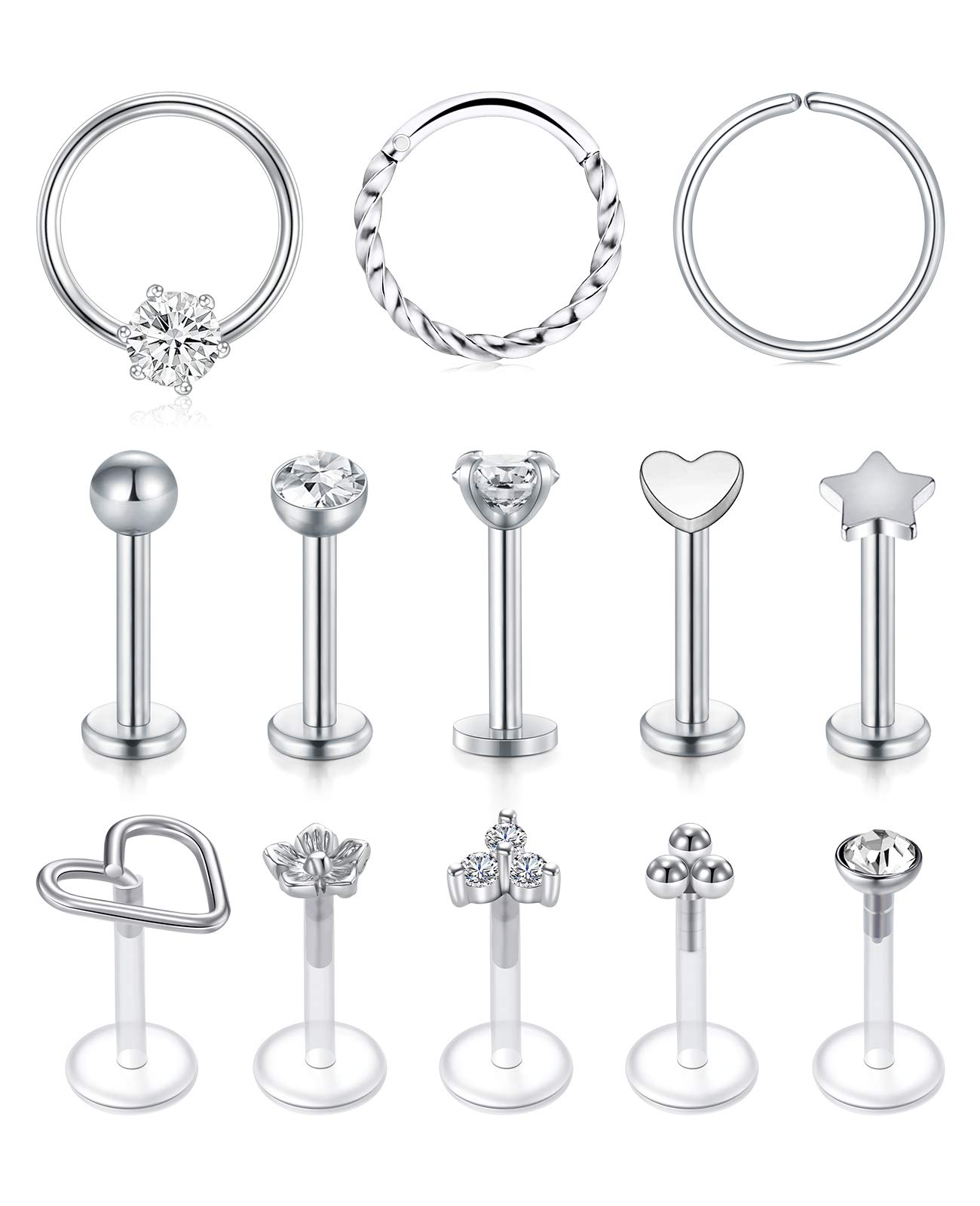 AceFun 16G Cartilage Earrings Tragus Stud Earrings Forward Helix Earring Surgical Steel and Clear Acrylic Lip Rings Nose Studs Silver Body Piercing Silver