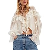 Women Boho Flowy Sheer Blouse Y2k Lace Trim Ruffled Long Sleeve Shirts Cute Front Tie Chiffon Oversized Country Tops