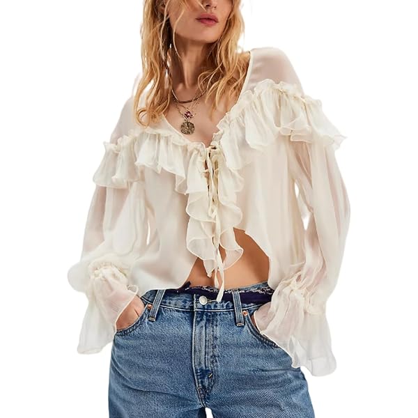 Women Full Sleeve Frill Tops Sexy See Through Sheer Ruffle Trim