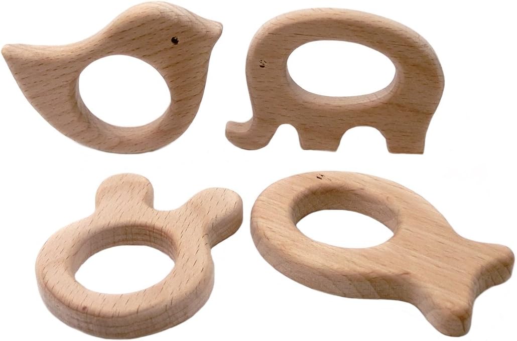 Coskiss 4Pcs Wooden Elephant Birds Rabbit Fish Teether Nature Baby Teething Toy Organic Eco-friendly Holder Nursing Wood Necklace/Bracelet Baby Gift
