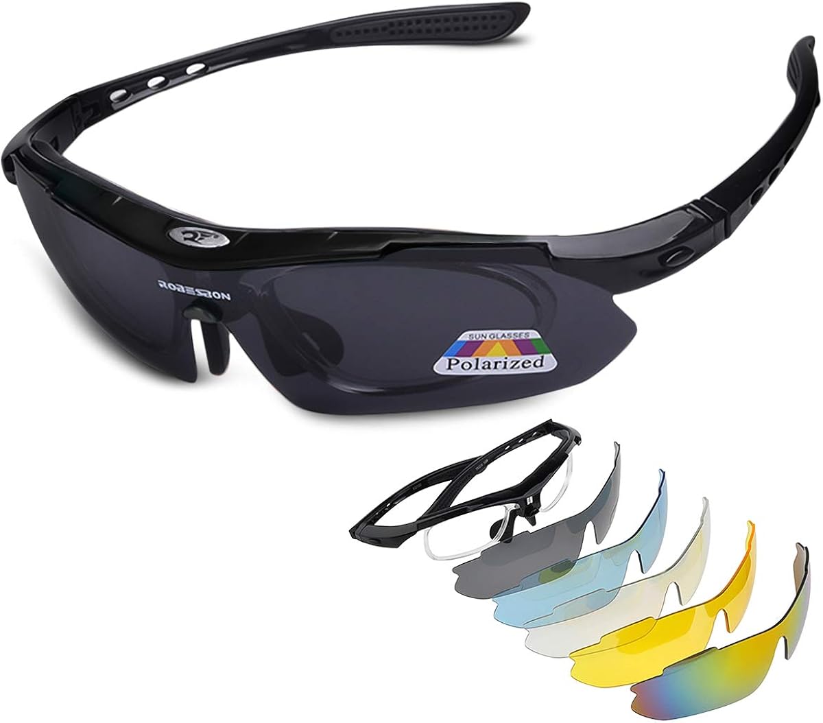 LumiSyne Polarized Sports Sunglasses Cycling Glasses with 5 Interchangeable Lenses Ultralight Semi-Rimless Frame with Sunglasses Strap UV400 Goggle for Ski Driving Golf Running Cycling(Black)