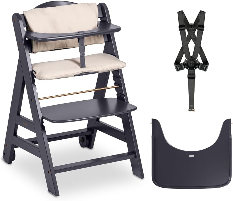 hauck Beta+ Dark Grey Wooden High Chair 6m-90kg with Wheels & Tray