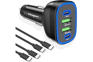MEAGOES 90W 4 in 1 USB C Super Fast Car Charger for iPhone 17 Pro Max/Air/16/15/iPad, Samsung S25, Pixel Android Phone, Dual 45W Type C & QC3.0, 12V Multi Port Cigarette Lighter Adapter + 2 USBC Cord 3.3ft