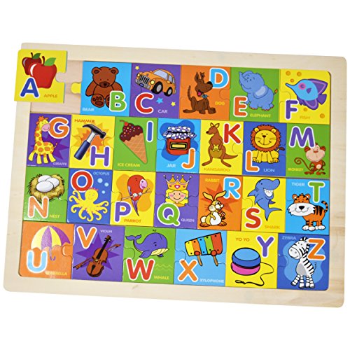 Wooden Alphabet Puzzle Board - Toddler Learning ABC Toy Smart Visual Game with 26 Large Size Pictures, Words and Letter Blocks for Kids Boys Girls Entertaining and Fun To Teach and Learn - Thumbnail 3