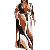 FANDEE Plus Size Maxi Dress Casual 3/4 Sleeve V-Neck Floral Flowy Long Dress with Belt