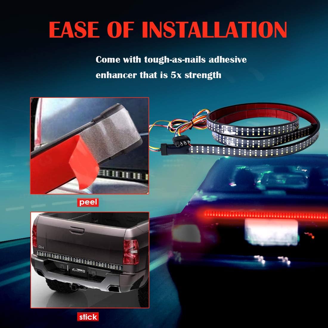 N / A Triple Row Tailgate Light Bar, 60 Inch LED Tail Strip Light Bar, with 4-Way Flat Connector Wire - Full Function Running Light Brake Light Turn Signal Light Reverse Light(432-LED, 3-Row): Automotive