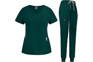 niaahinn Scrub Suit Set for Women Modern V-neck Top & Tapered Leg Jogger Pants with Drawstring Medical Nursing Uniforms Set (Deep Green, M)